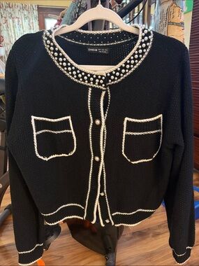 SHEIN Black Cardigan with Pearl-Trim and White Piping